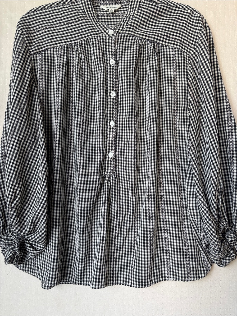 Max Studio Womens Gingham Embroidered Button Up Blouse Black White Large 1706B33